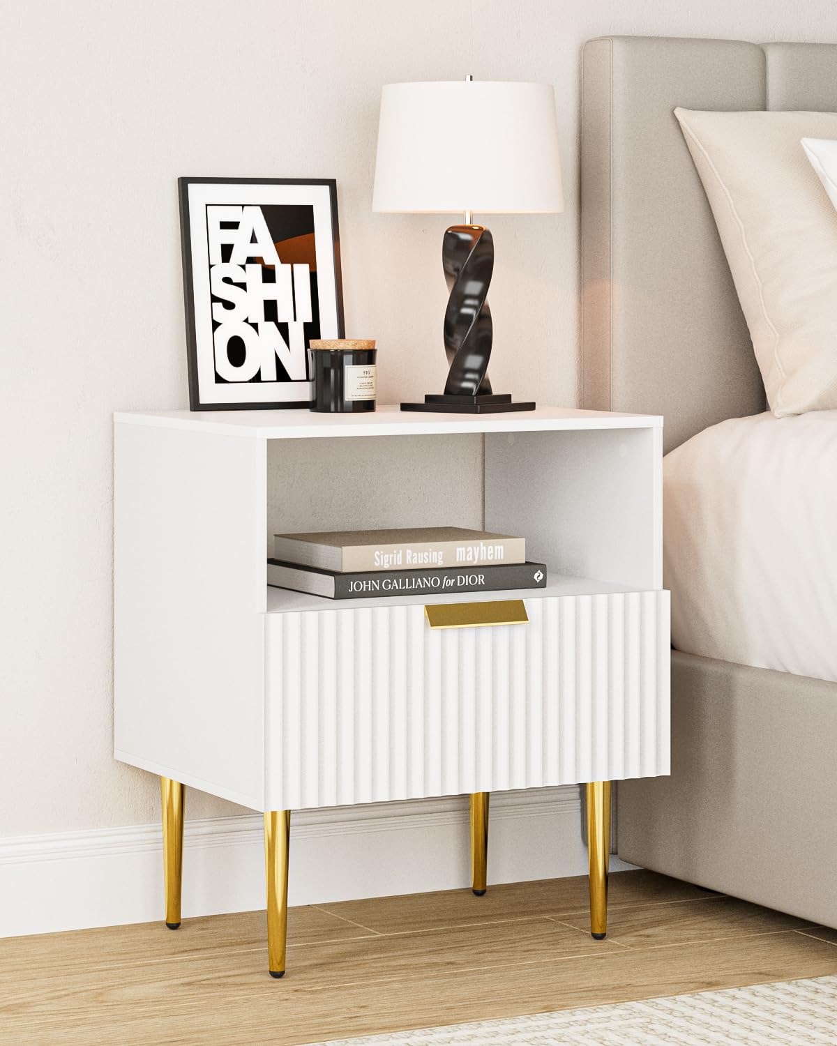 Apetaccat White Bedside Table, Nightstand with 1 Drawers with Gold Leg, Modern Bedside Table Bedroom Furniture for Living Room or Bedroom, White