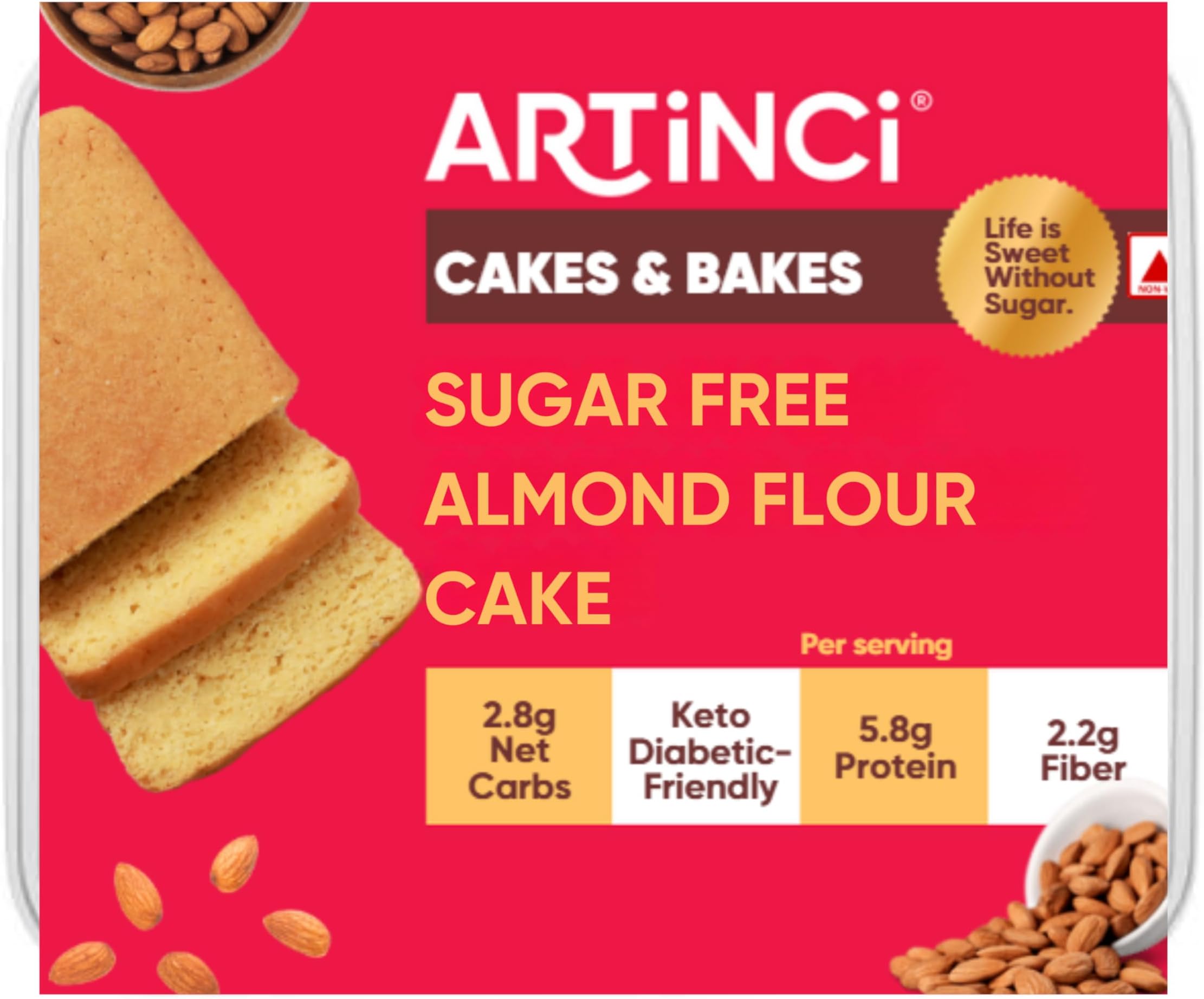 Sugar free Almond Flour Cake (Pack of 1 x 150g), Diabetic Friendly, No Maida, Gluten Free Healthy Low Carb Snack, 5.8g Protein per serving- (3 servings)