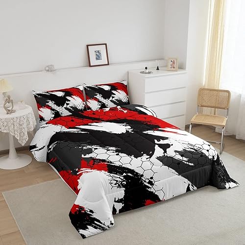 Miniatura 2 de Juego de edredón hexagonal, juego de ropa de cama de camuflaje negro y rojo, diseño geométrico abstracto de panal de abeja, estilo militar, campaña