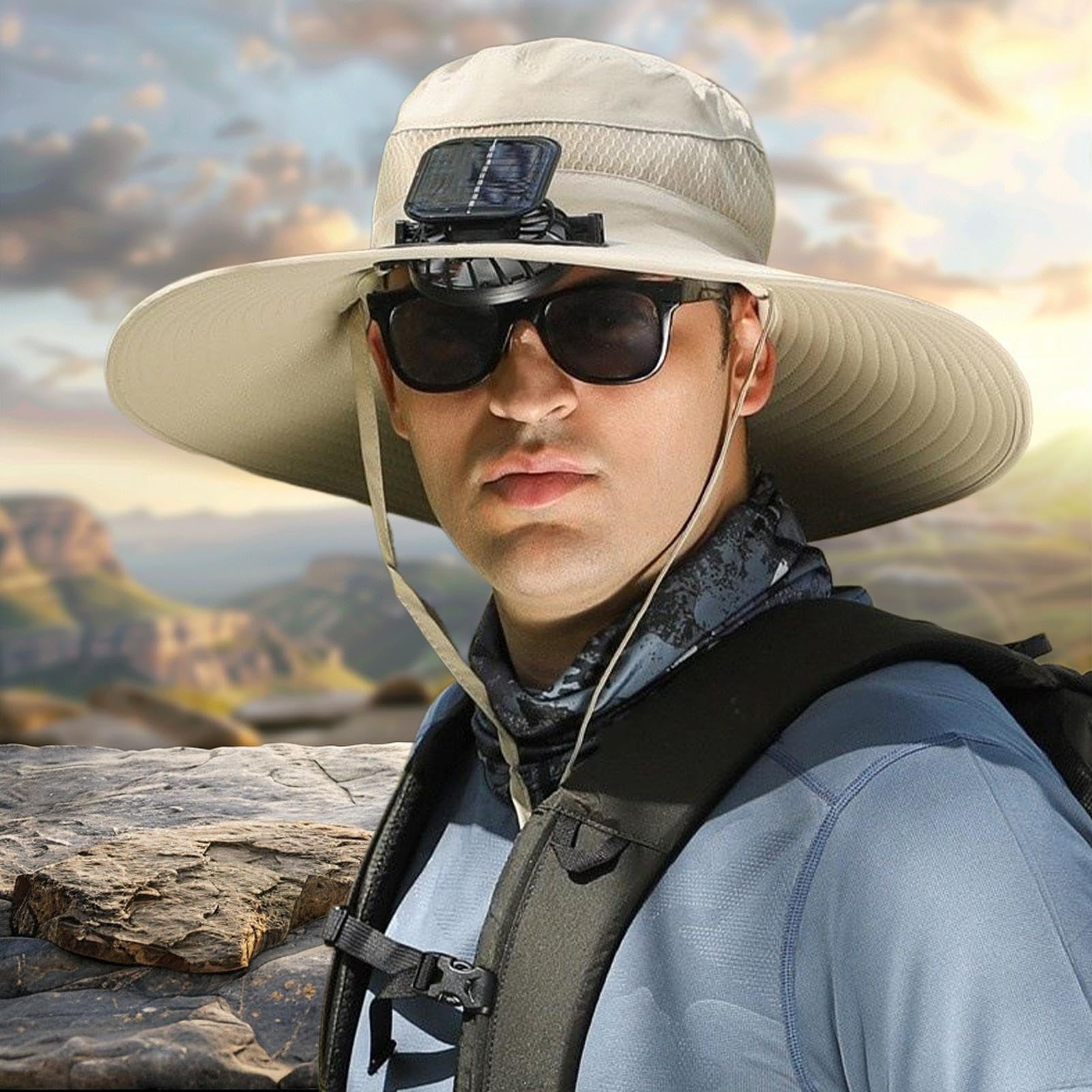 Ventilatorhut für Herren – Sonnenschutz – persönliche Outdoor-Ausrüstung | belüfteter Hut mit Solarpanel | für Angeln, Wandern, Strand, Reisen, Urlaub, Wandern, Rucksackreisen, Camping