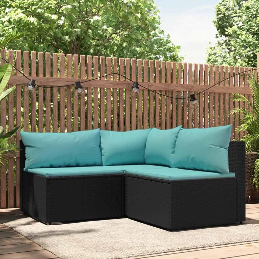 3-Piece Outdoor Sectional Sofa Set Black Water Blue, Modern Square PE Rattan Furniture with Removable Cushions, Weather-Resistant Patio Lounge Set for Poolside Balcony Yard,