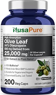 Olive Leaf 20% Oleuropein 50:1 Extract, 500 mg Equivalent to 25,000 mg 200 Veg Caps Suitable for Vegetarians and Vegans, Non-GMO