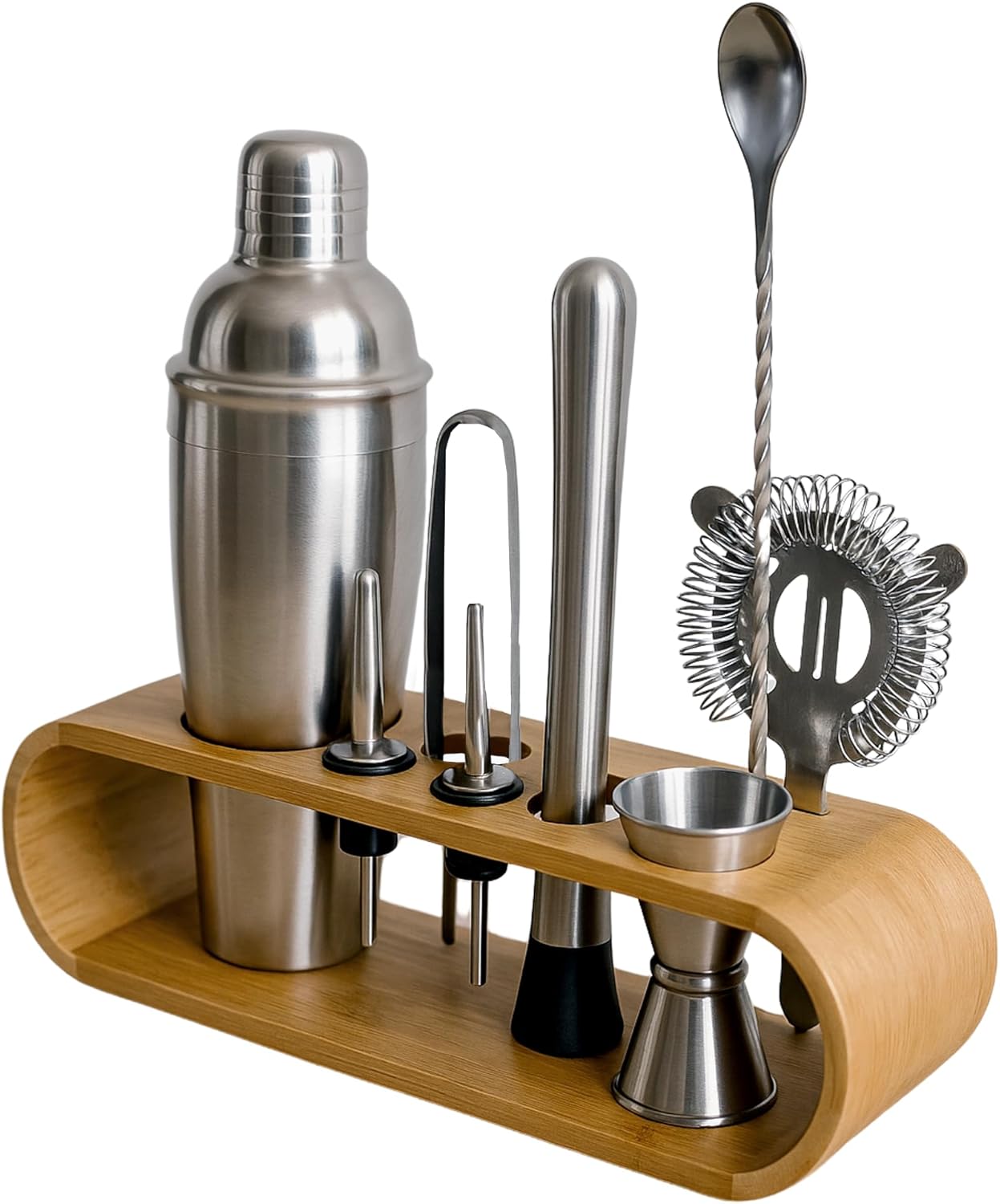 Set de Coctelera Bartender con 10 Herramientas y Soporte de Bambú - Plateado