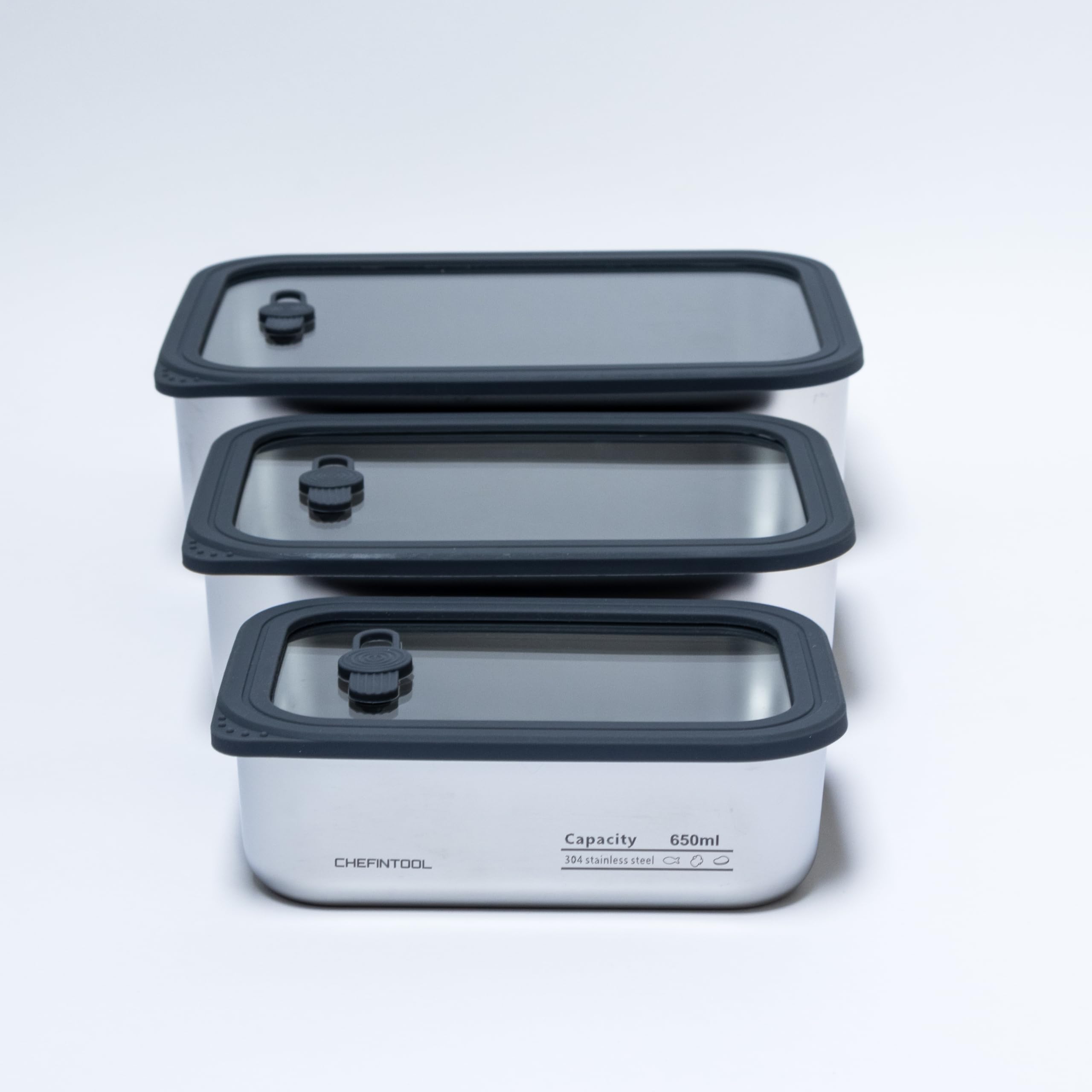 Set di contenitori per il pranzo in acciaio inox con coperchi in vetro, 3 contenitori impilabili per alimenti Bento (650 ml/1300 ml/2300 ml), ermetici, a prova di perdite, senza BPA, adatti