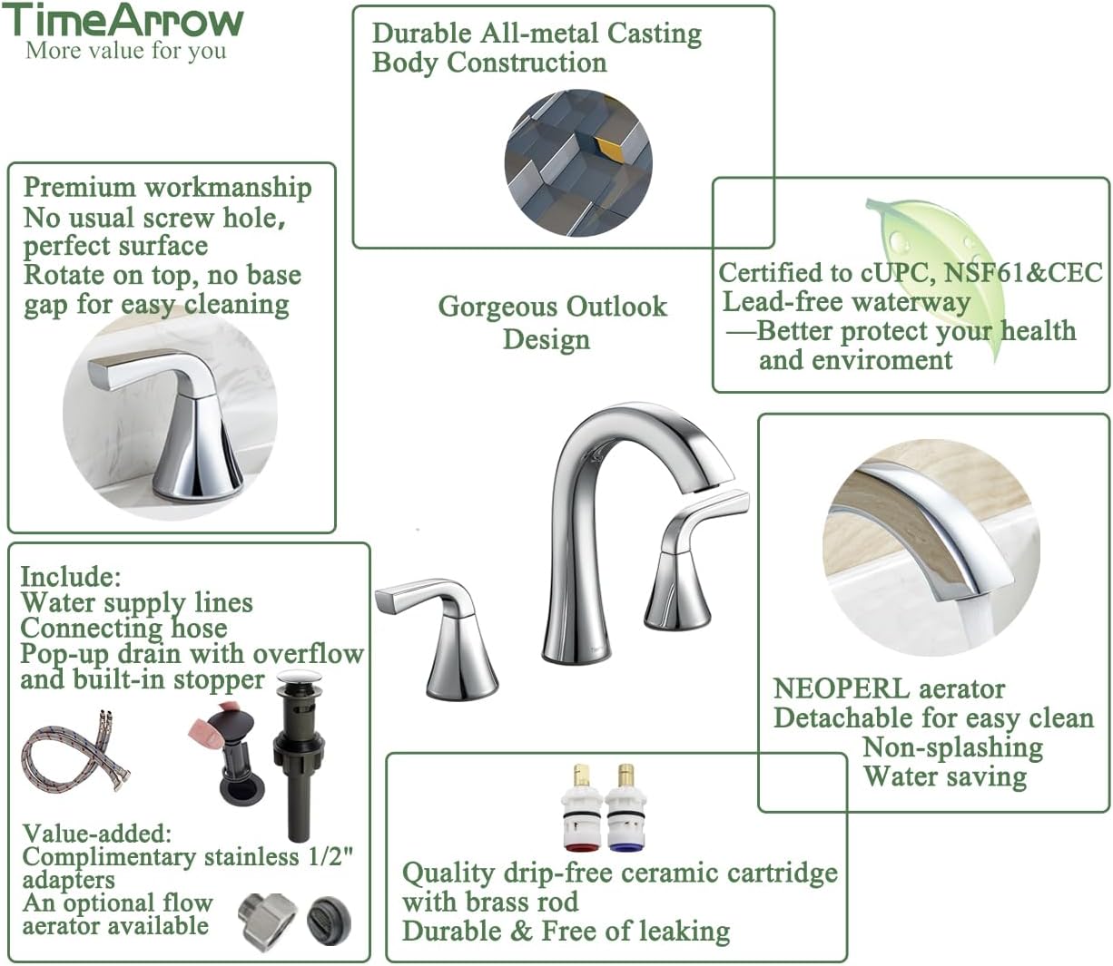 Bathroom Faucet for Sink 3 Hole, Chrome 8 Inch Widespread Bathroom Sink Faucets with Pop-up Drain and Supply Lines, Lavatory Vanity Faucets, TAF826-CP
