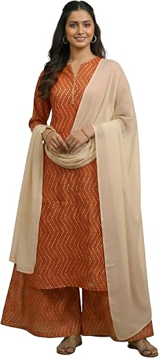 Akiko Women's Geometric Print Rayon Staple Kurta Plazzo with Dupatta Set (Orange)