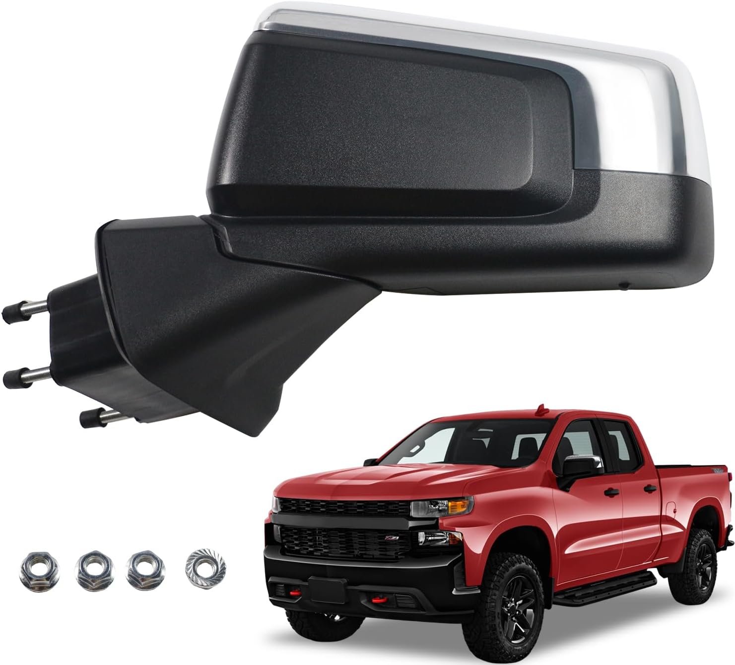 Marretoo Left Driver Side Mirror replacement for 2019-2025 Chevy Silverado 1500 Accessories 6 pins With Power Heated Manual Folding Painted With Blind Spot Monitoring(BSM) CHROME