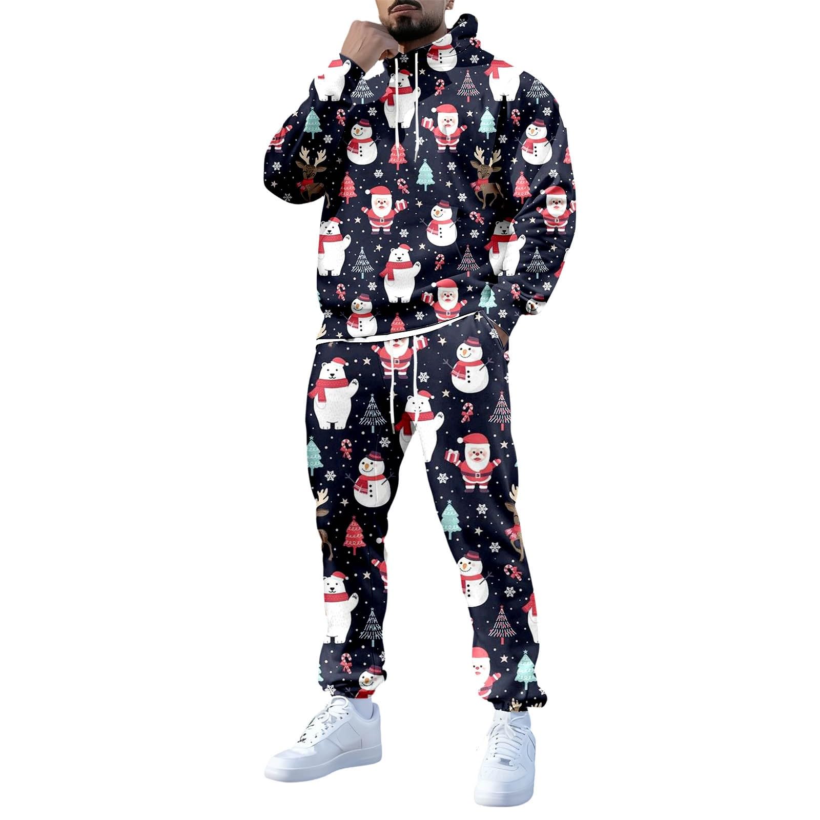 Generisch Tuta natalizia da uomo, per jogging, Natale, set di tute da allenamento, per feste, casual, per Natale, 2 pezzi, con stampa divertente, con felpa in pile + pantaloni da jogging