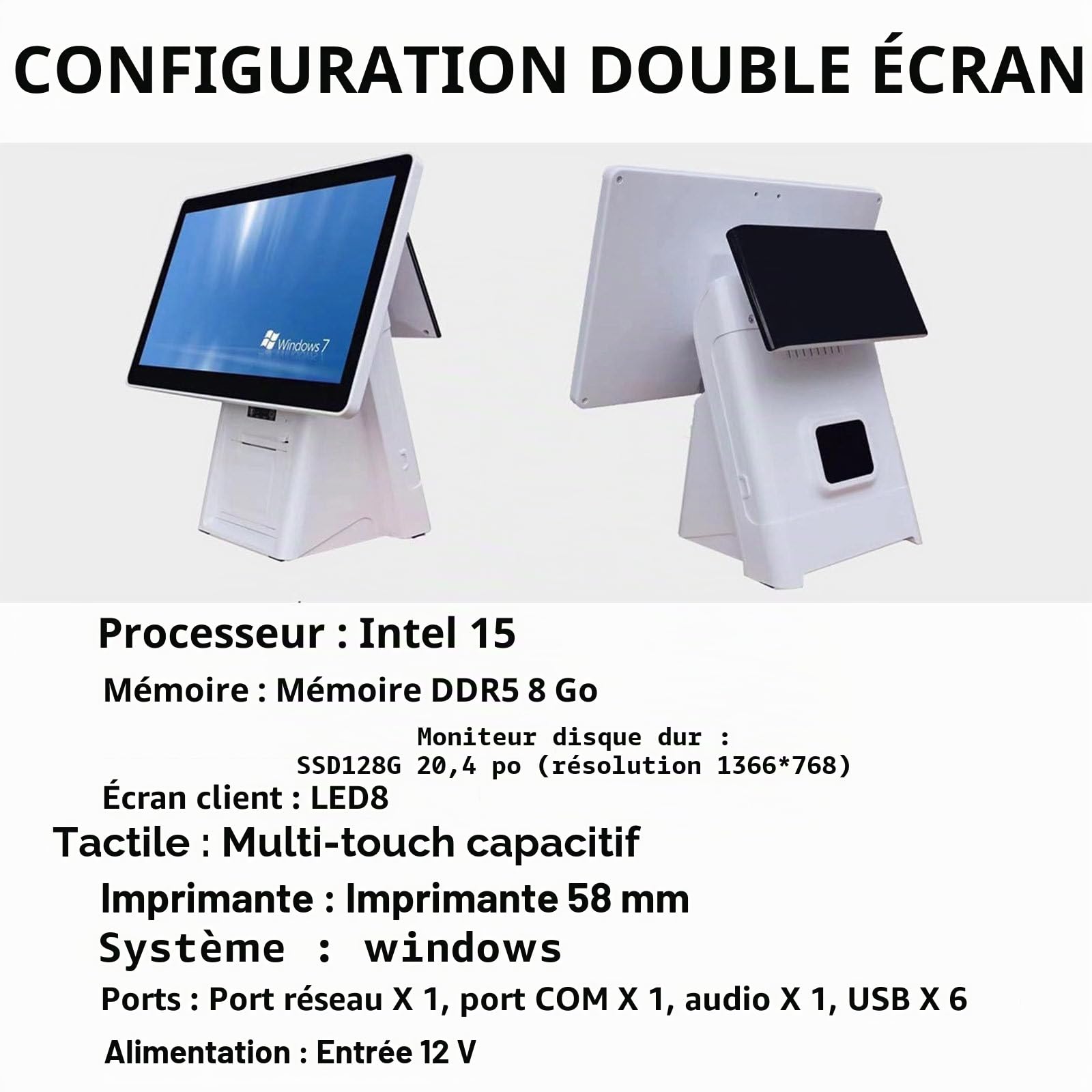 Caisse Enregistreuse Tactile,Angle d'écran réglable d'une Seule Main,8Go RAM + 128Go SSD,Caisses À Monnaie pour Commercial et Vente au Détail,Matériel Uniquement