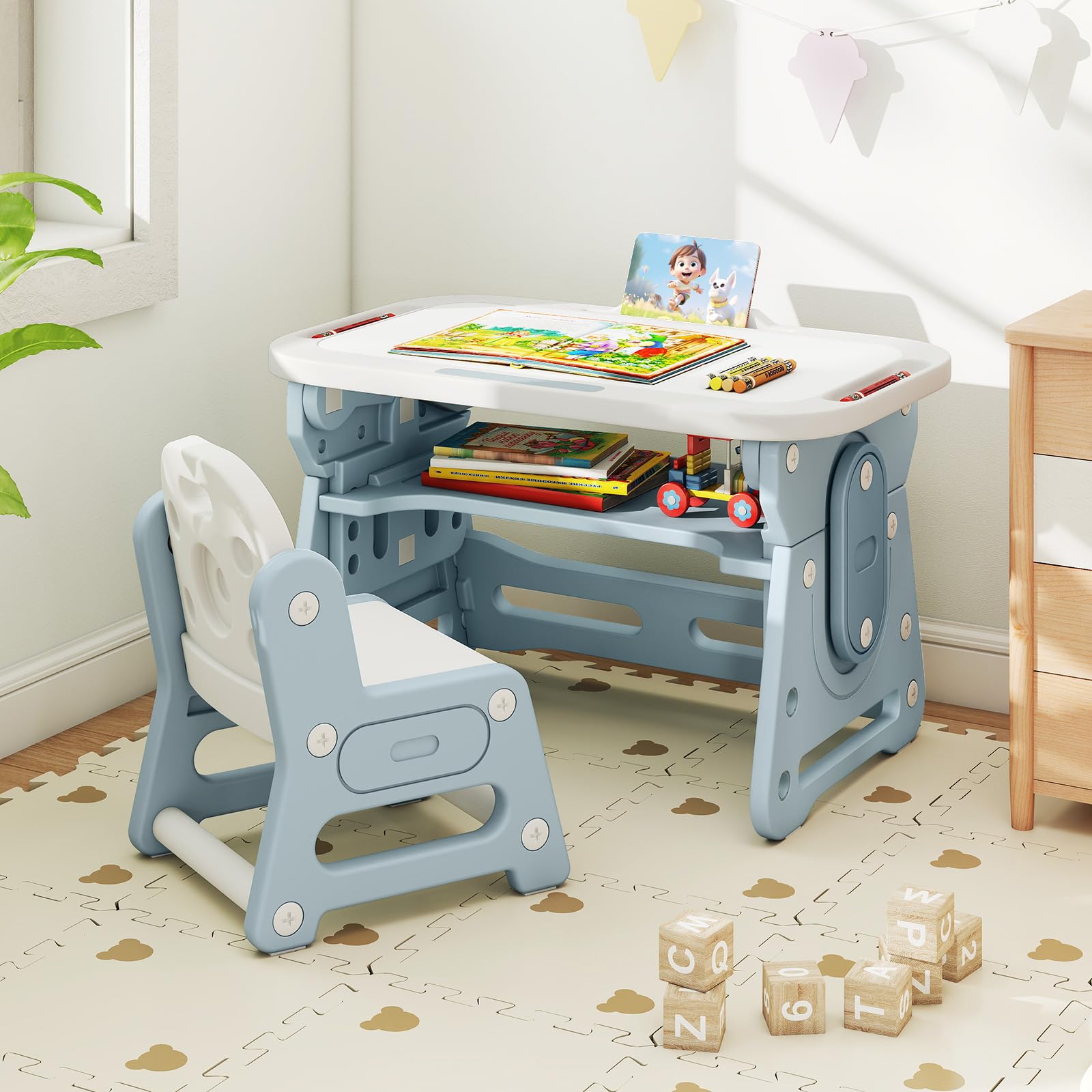 LIFEZEAL Kinder Tisch Stuhl Set, Zeichentisch mit magnetischer Whiteboard & Kinderstuhl, Verstellbarer & neigbarer Schreibtisch mit Stauraum, Maltisch für Kinder ab 3 Jahr (Weiß + Blau)