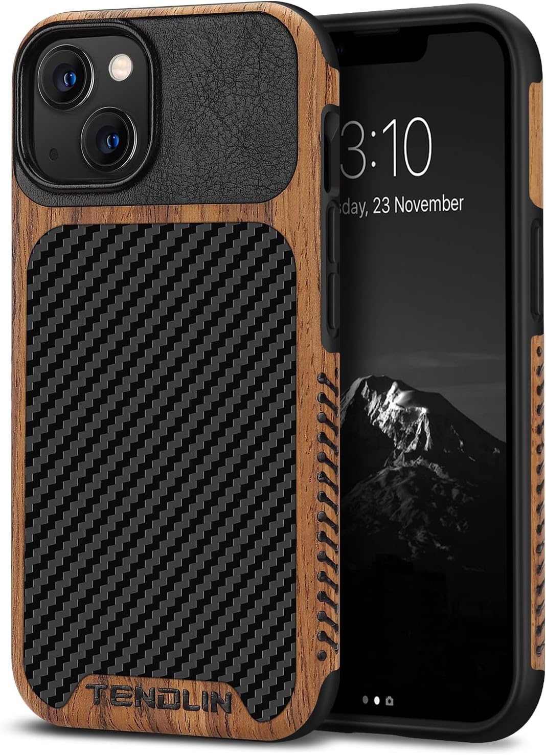 TENDLIN Compatible with iPhone 13 Mini ââ‚¬â€¹Case Wood Grain with Carbon Fiber Texture Design Leather Hybrid Case Compatible for iPhone 13 Mini 5.4-inch Released in 2021 Black
