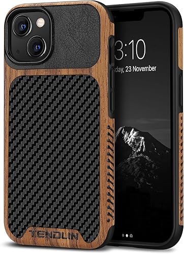 TENDLIN Compatible con iPhone 13 Funda de grano de madera con textura de fibra de carbono, funda híbrida de cuero compatible con iPhone 13 de 6.1