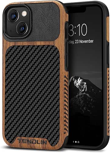 TENDLIN Compatible with iPhone 13 Case Wood Grain with Carbon