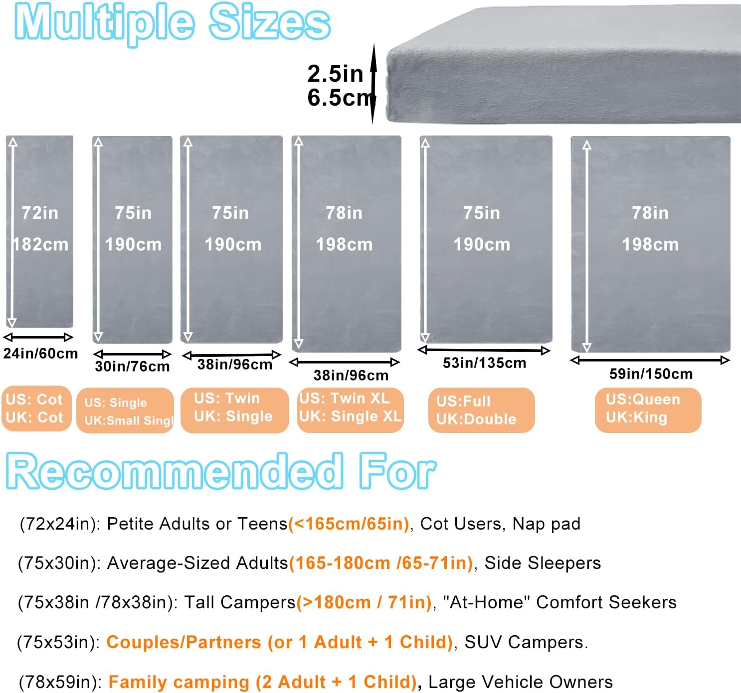 Foam Camping Mattress - Portable Sleeping Pad for Camping, Tent, Car & Floor - Washable Cover & Roll Up Travel Bag - Cot Mattress for Travel & Guests