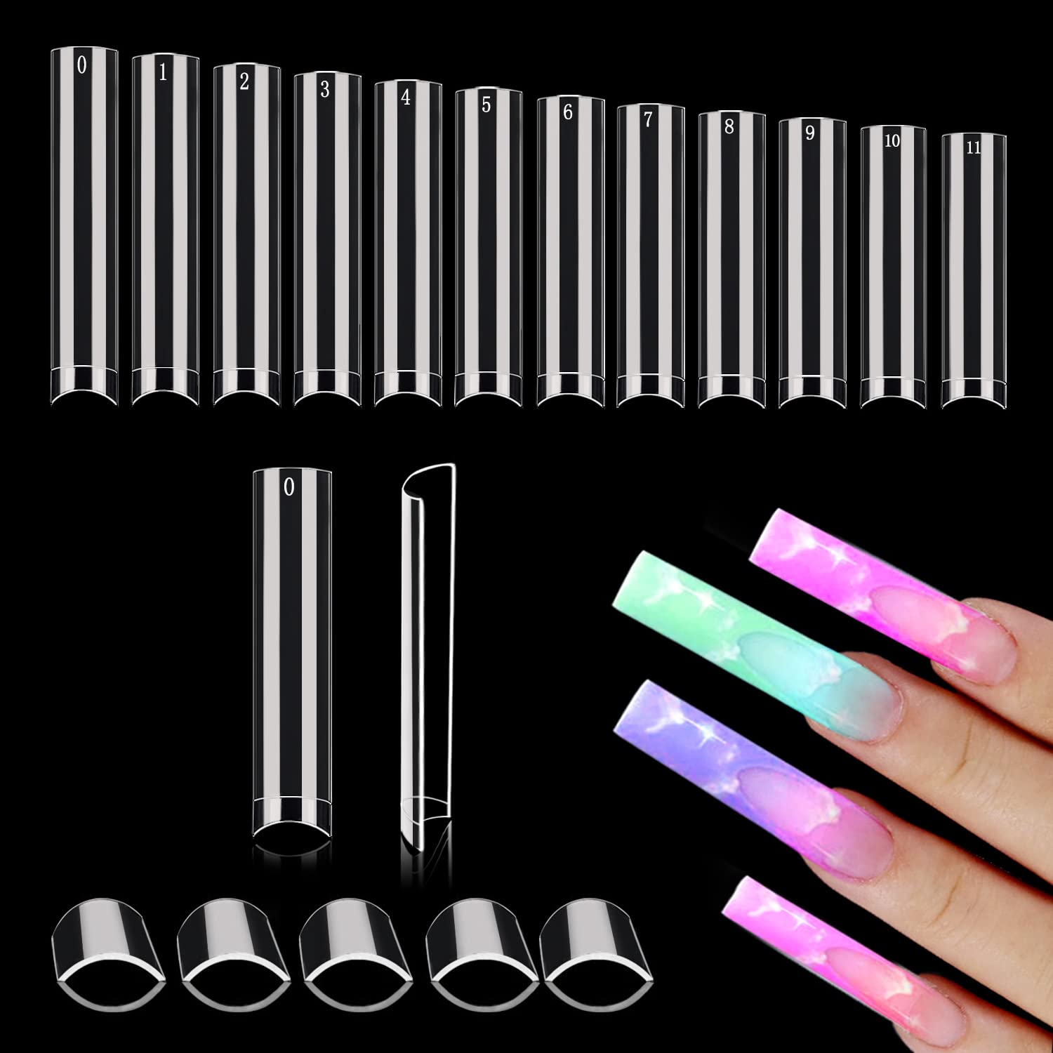 XXL No C Curve Nail Tips for Acrylic Nails Professional, 600PCS Clear Tapered Square Nail Tips Straight Flat Nails Tips, Extra Long Half Cover Acrylic Nail Tips for Nail Salon and DIY Nail 12 Sizes