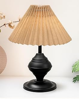 Bedside Black Metal Table Lamp with Fabric Shade, Incandescent, E27 Holder, Desk Lamp, Night Lamp, Office, Nightstand, Table Lamp for Living Room, Study Room, Kids Room, Pleated (Khadi)