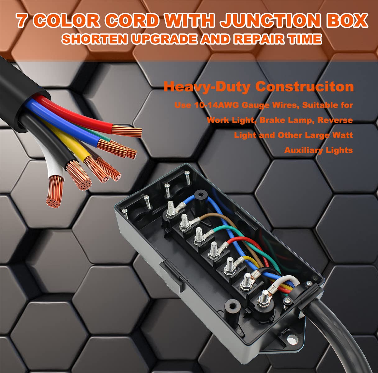 6 Foot 7 Pin Trailer Wiring Harness With Waterproof Junction Box - RV Trailer Plug Cord