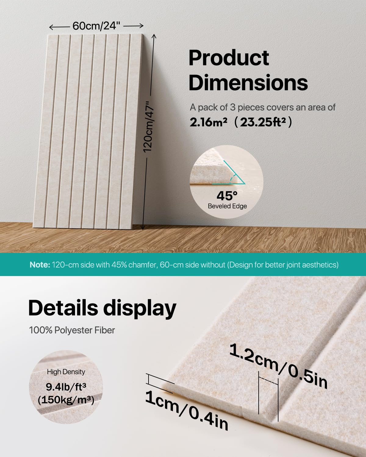 Paneles Acústicos Autoadhesivos Soundsbay de 2,16 m² (3 Unidades), 120×60×0,9 cm Paneles Acústicos de Pared para Tratamiento Acústico y Decoración de Paredes (Beige Claro)