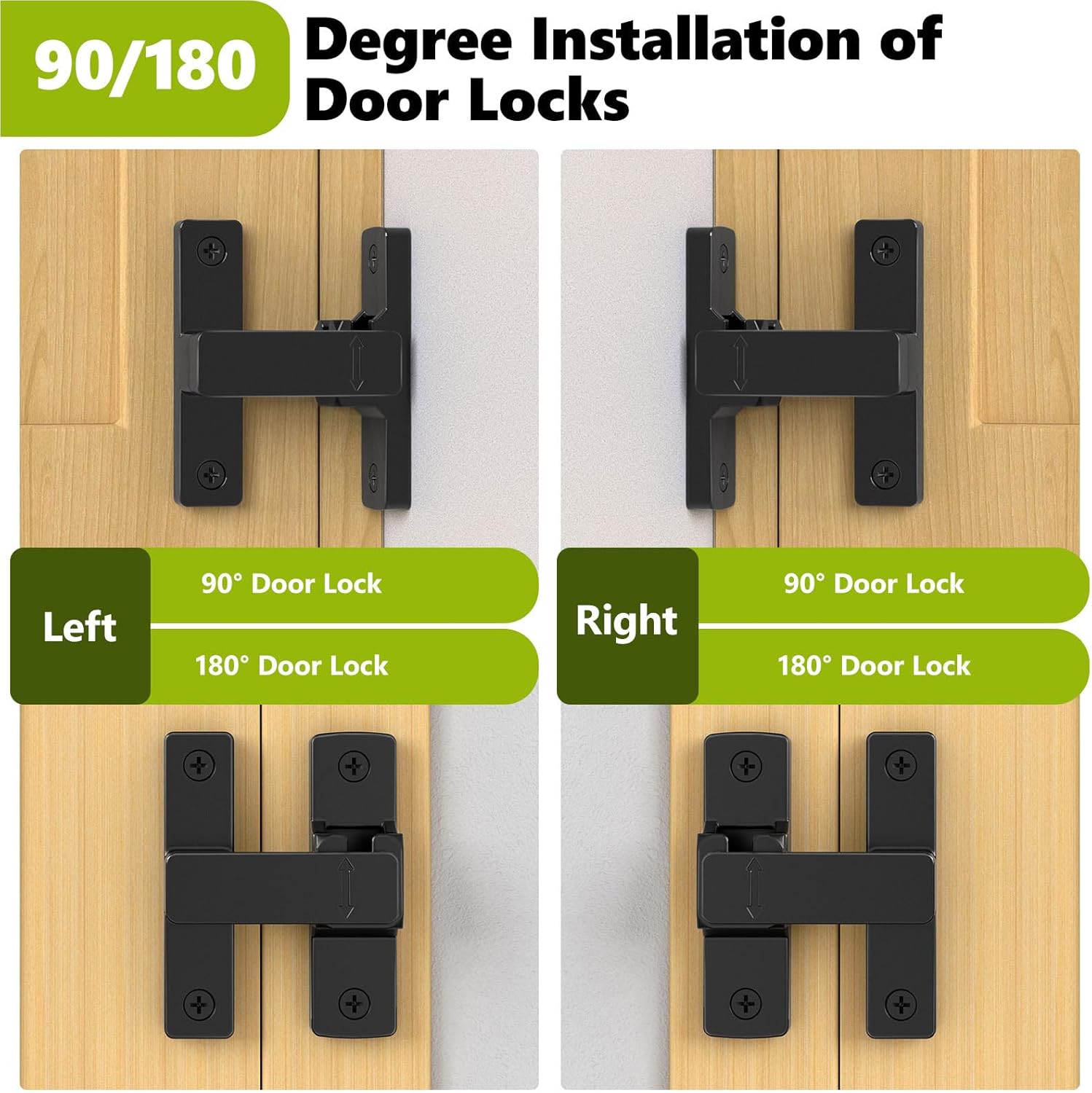 Barn Door Lock, 90/180 Degree Zinc Hardware Sliding Door Lock, Heavy Duty Flip Safety Door Latch for Screen, Cabinets, Bathrooms, Gardens, Barns, Pet Doors, Window Cabinets (Black-2Pack)