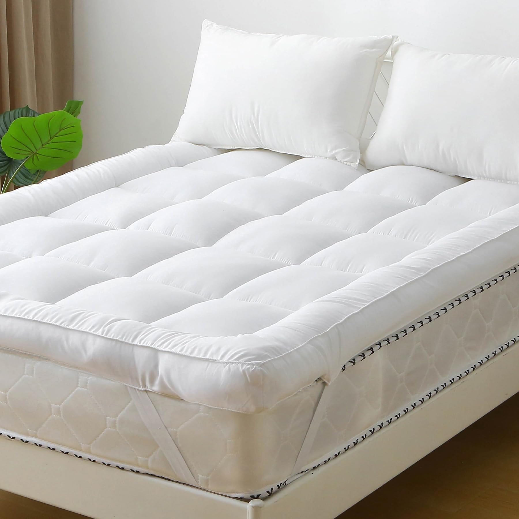Quilted Mattress Topper with Elasticated Corner Strap for Secure Fit, Extra Deep Hotel Qua...
