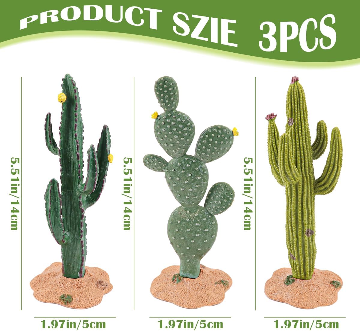 DOERDO 3 Pcs Resin Cactus Decor Simulation Cactus Plant Landscaping Decoration for Tortoise Lizard Gecko Bearded Dragon, 5.5x2 Inch
