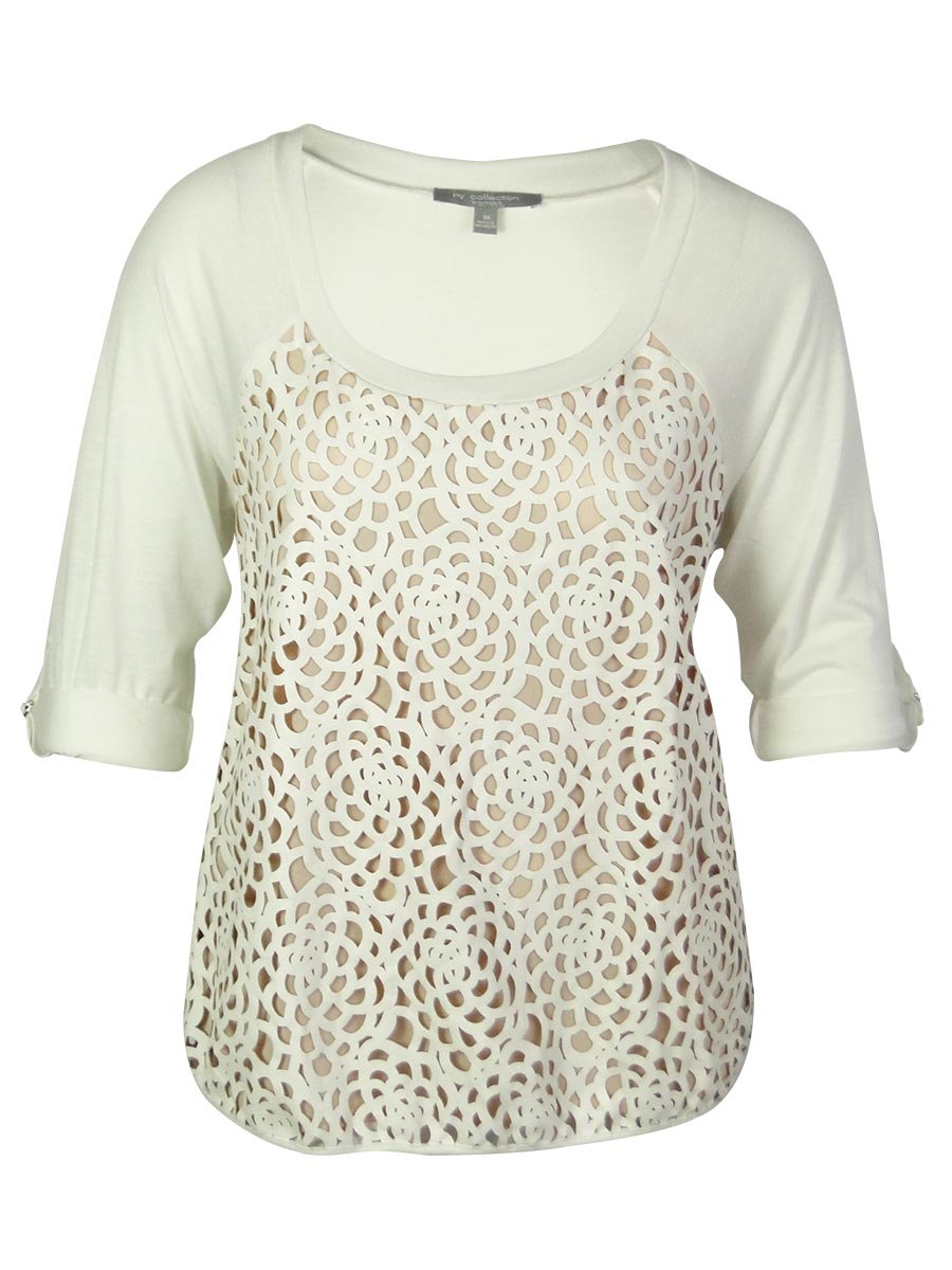 NY Collection Women's Plus-Size 3/4 Raglan Sleeve Laser Cut Pleather Front Top