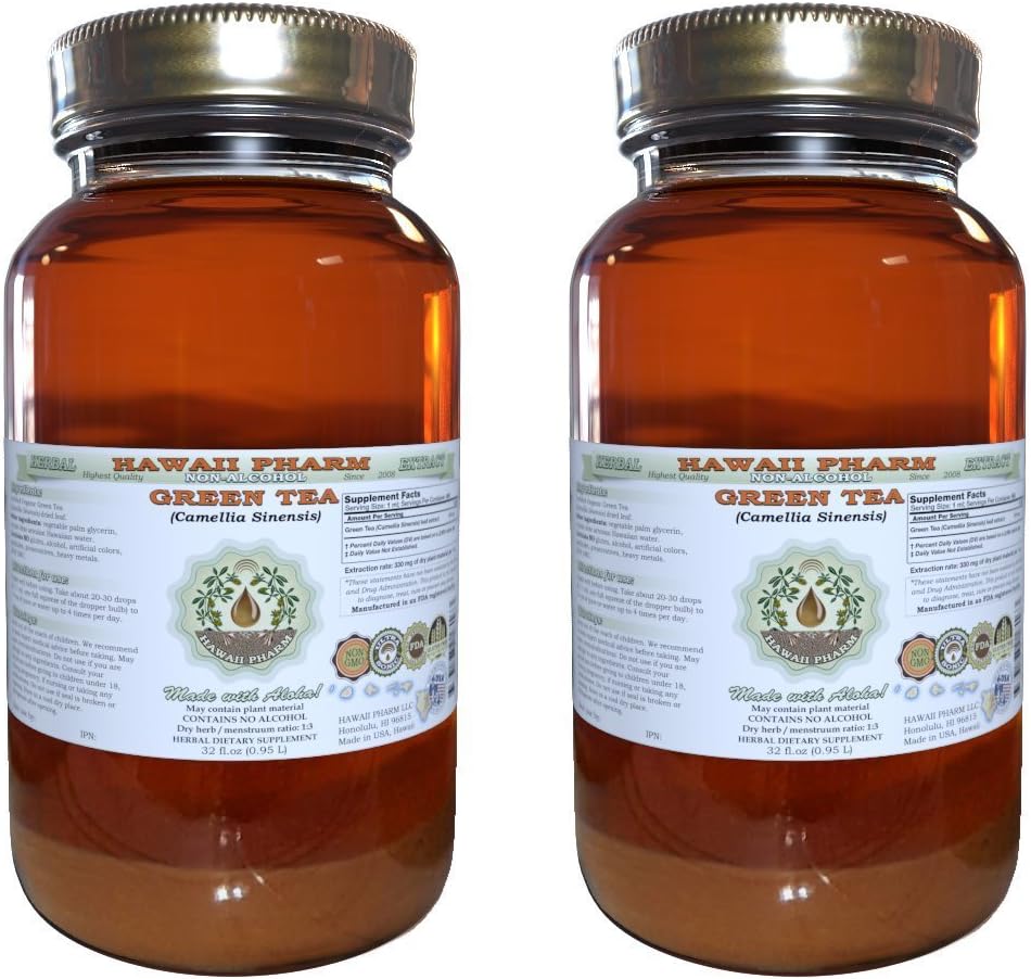 Green Tea Alcohol-Free Liquid Extract, Green Tea (Camellia Sinensis) Dried Leaf Glycerite Hawaii Pharm Natural Herbal Supplement 2x32 oz Unfiltered