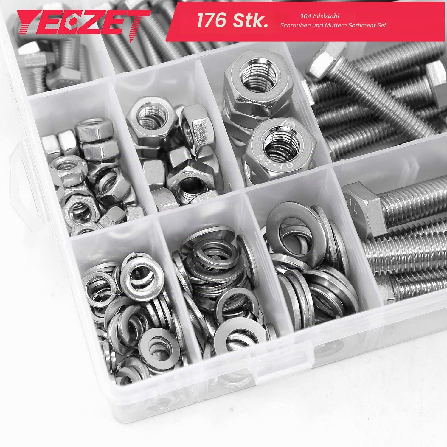 176 pcs M6 M8 M10 Schrauben und Muttern Sortiment aus 304 Edelstahl Sechskantschrauben Unterlegscheiben Federringe & Muttern Sortiment Kit