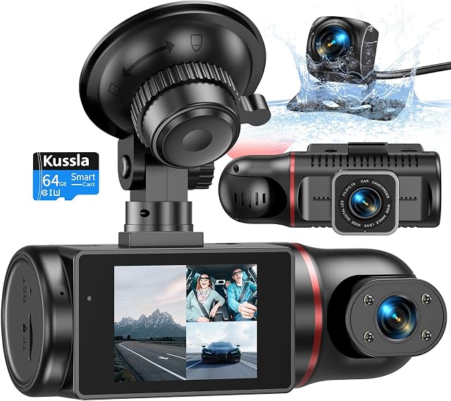 Dash Cam Front and Rear Inside Camera, 1080P 3 Channel Dashcams for Cars with 64GB Card, Super Night Vision Dashcam, Car Dash Camera with Loop Recording, G-Sensor, WDR, 24H Parking Monitor