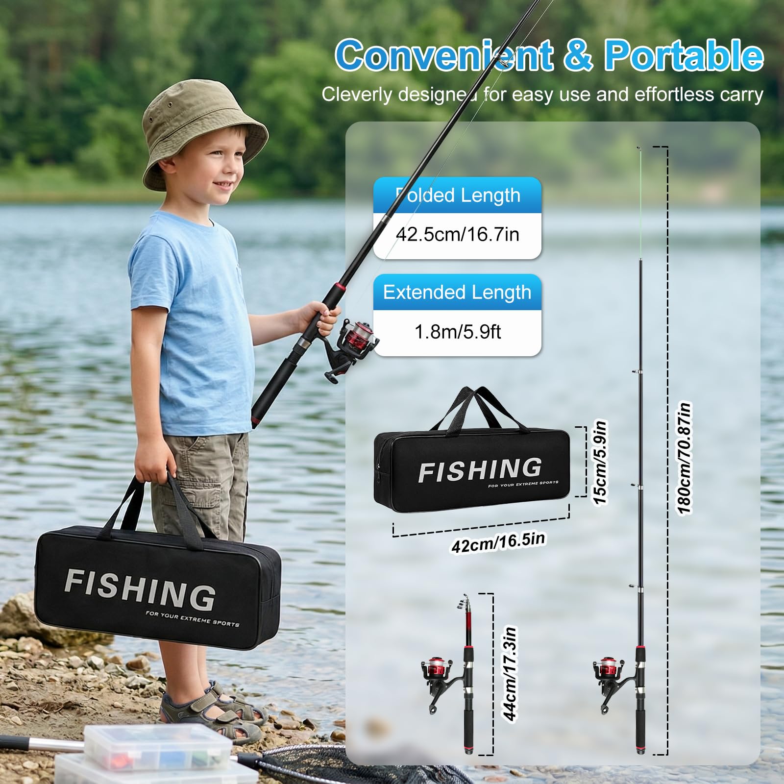 Set di 2 canne da pesca telescopiche per bambini, kit di avviamento con rete da pesca con mulinello combinato per acqua salata e acqua dolce con lenze e borsa per il trasporto, per ragazzi e ragazze