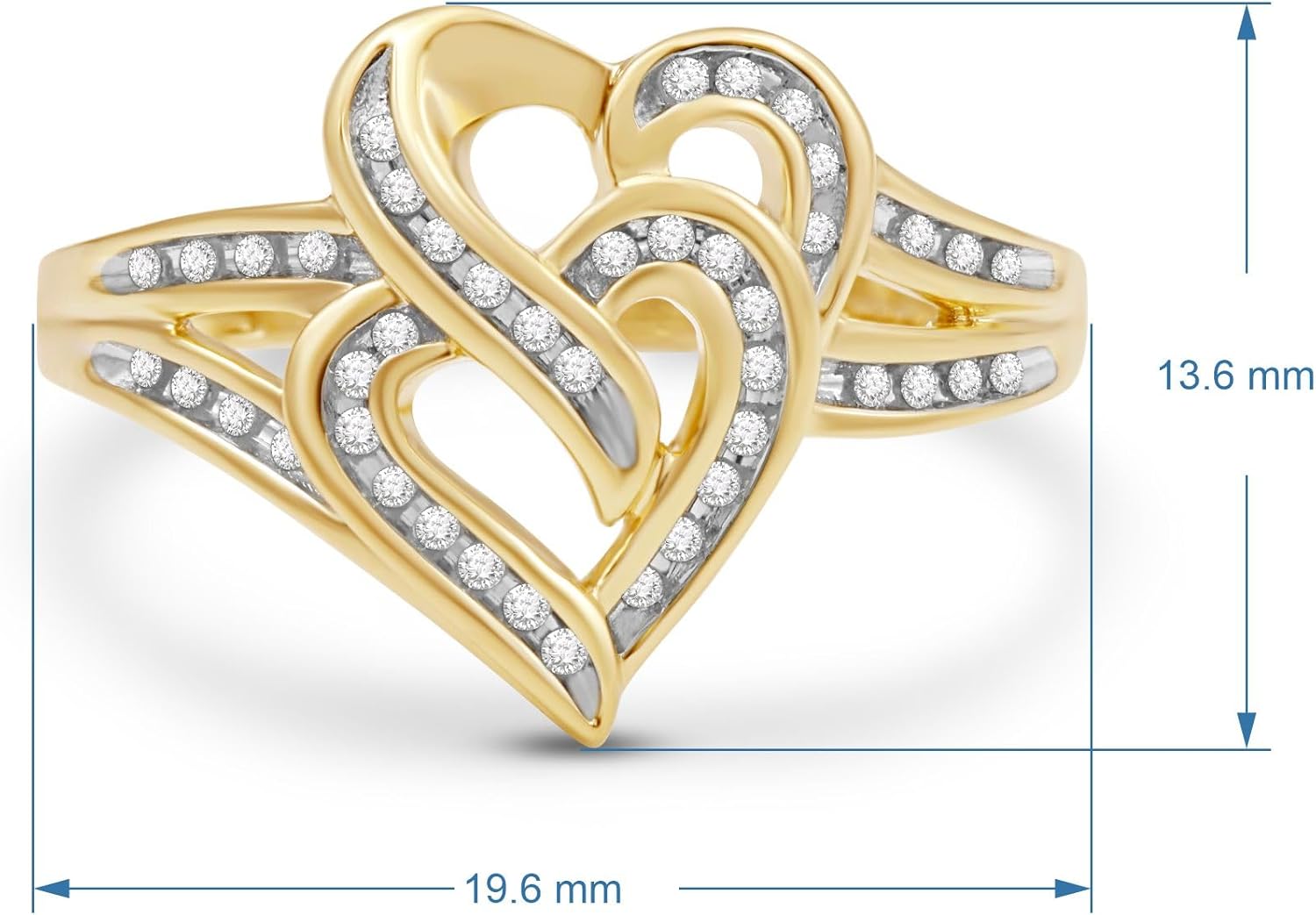 Jewelili Sterling Silver or Yellow Gold over Sterling Silver Double Heart Promise Ring for Women | 1/8 CTTW Natural White Round Diamonds | Luxury Jewelry Gift for Her | Gift Box Included