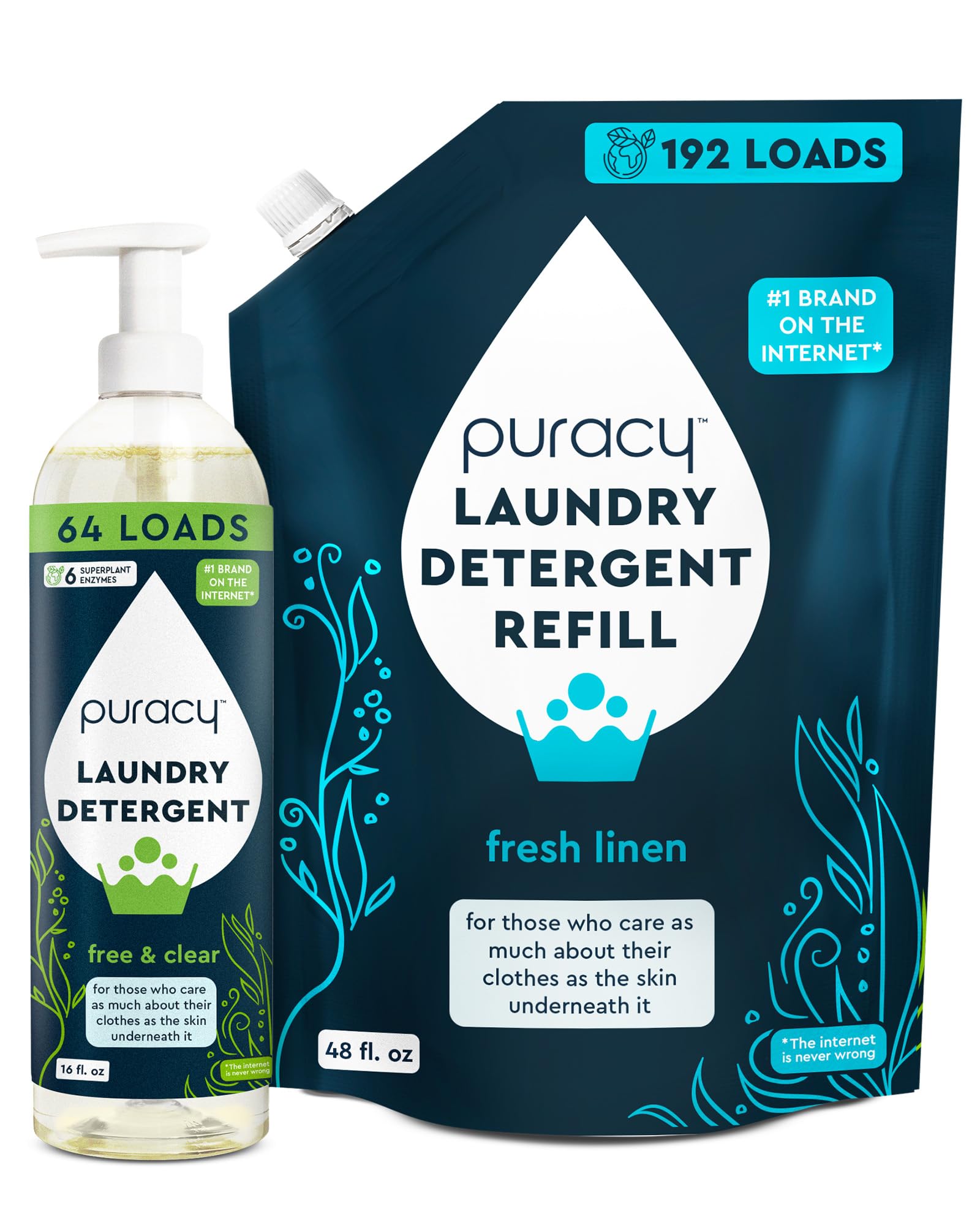 Puracy Liquid Laundry Detergent Refill-1,4 Dioxane Free, Natural, Gentle Laundry Detergent Liquid Concentrate Laundry Pouch with Stain Fighting Enzymes Free and Clear & Fresh Linen 16 fl oz & 48 fl oz