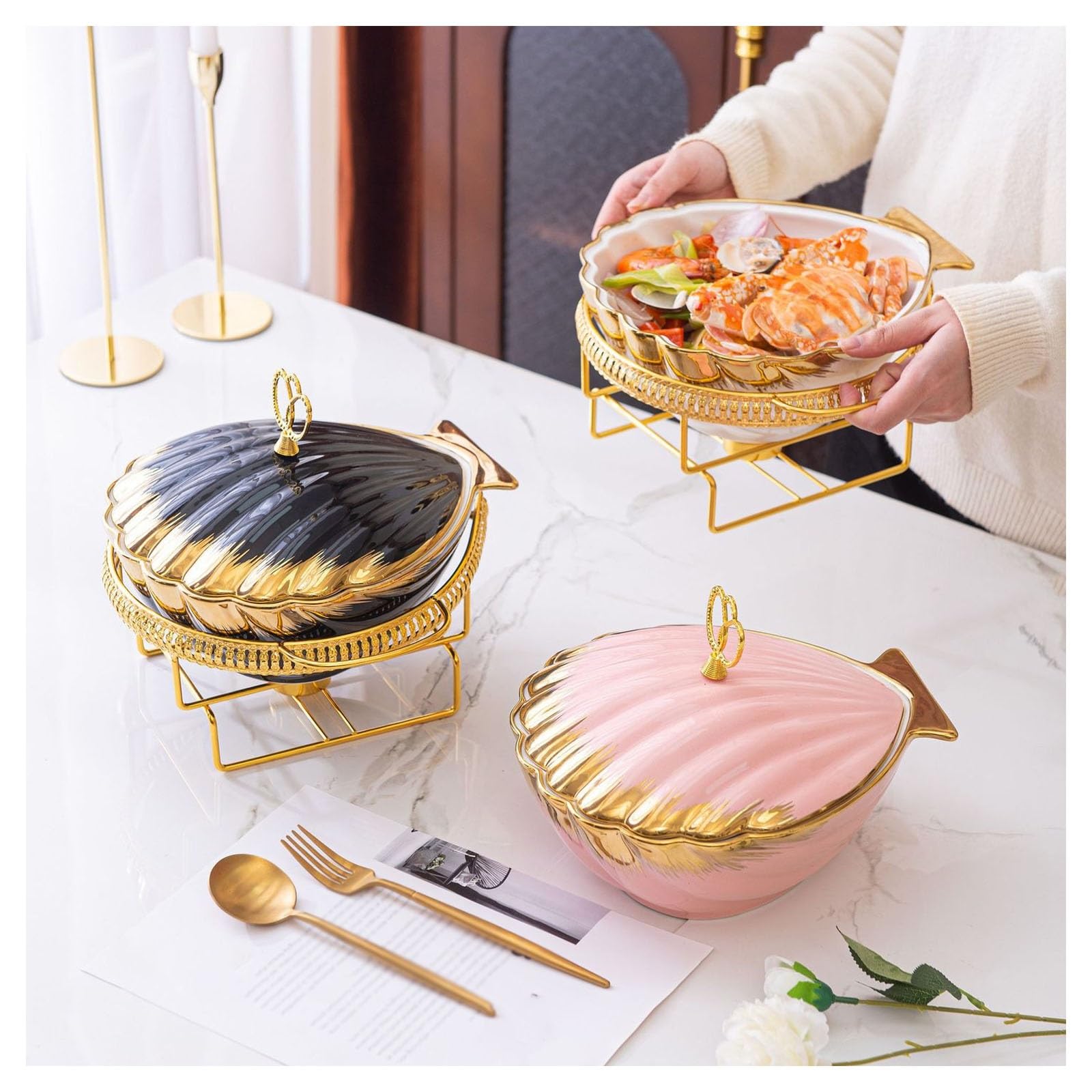 Chauffe-aliments en céramique avec couvercle, plateau chauffant pour événements de restauration, idéal pour les mariages, les fêtes et les buffets, design à 3 compartiments