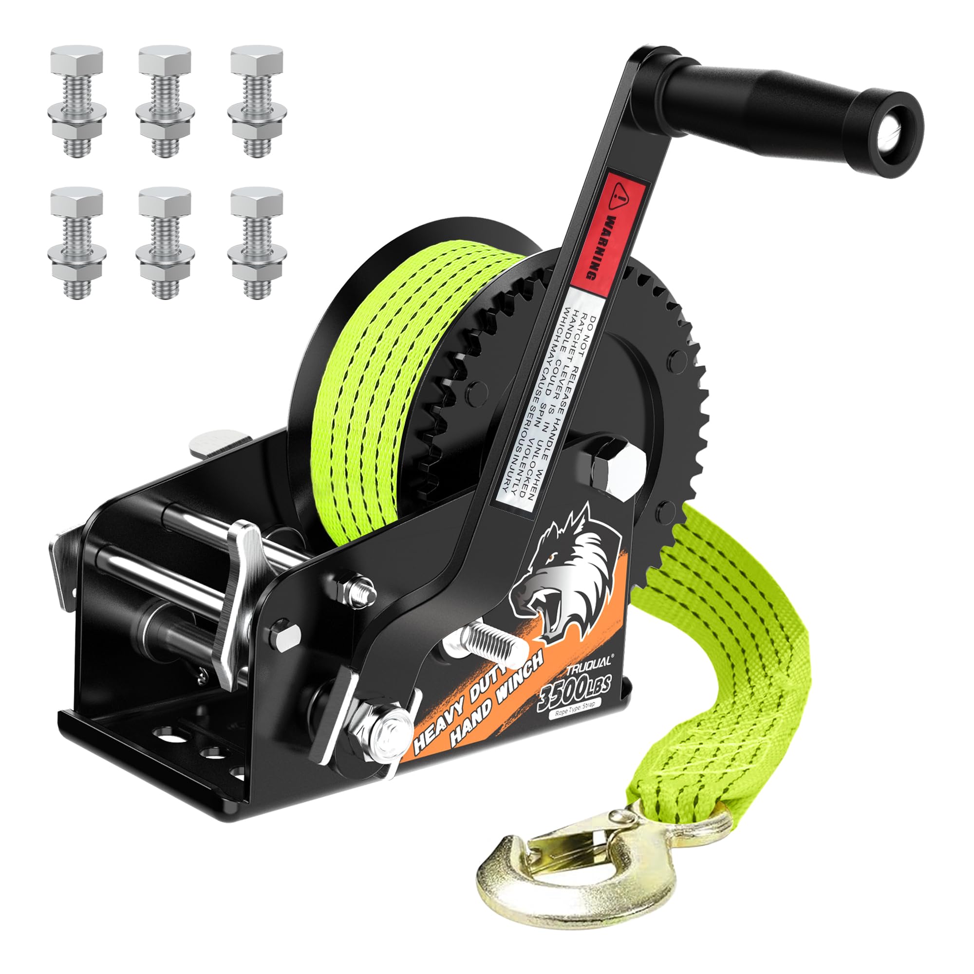 Truqual 3500lbs Heavy Duty Boat Trailer Winch with 33FT Strap, 2-Way Ratchet 4:1/8:1 Gear, Portable Hand Crank Winch for Boat, Truck, Trailer, RV, ATV, Jet Ski