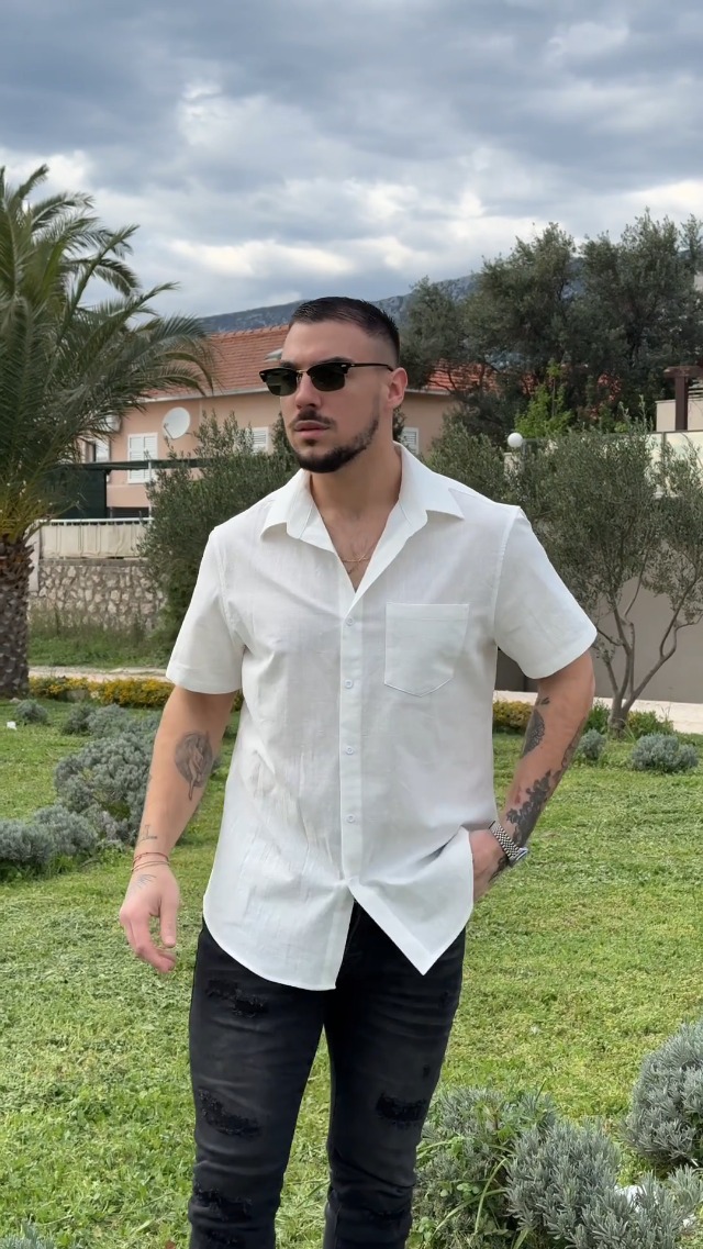 COOFANDY Camicia Uomo In Cotone E Lino – Maniche Corte, Colletto A Quadri, Tinta Unita – Camicia Estiva Casual Per Il Tempo Libero – Bianco, XXL