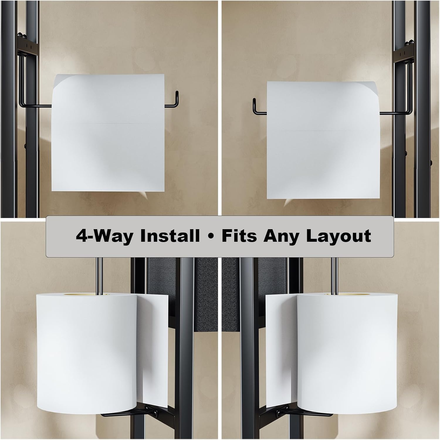 Freestanding Toilet Paper Holder Stand with Storage Drawer, Narrow Bathroom Shelf, Spare Roll Basket, 4-Way Install Paper Arm, Space-Saving Rack for Apartments & RVs (Brown)