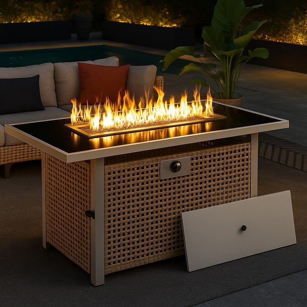 K&K 43" Propane Gas Fire Pit Table, 60000 BTU Rectangular Open Weave Wicker Fire Pit with Glass Wind Guard for Outside Patio Deck Garden Backyard - Grey