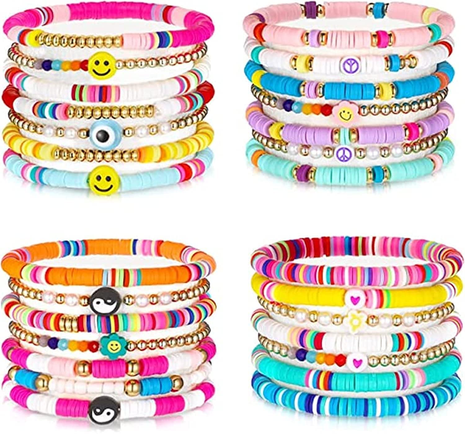 Fun Bracelets, Heishi Surfer Bracelets Set Colorful Happy Smile Evil Eye Beaded Stretch Bracelets Clay Stackable Boho Disc Bracelets Aesthetic Christmas Beach Jewelry for Women