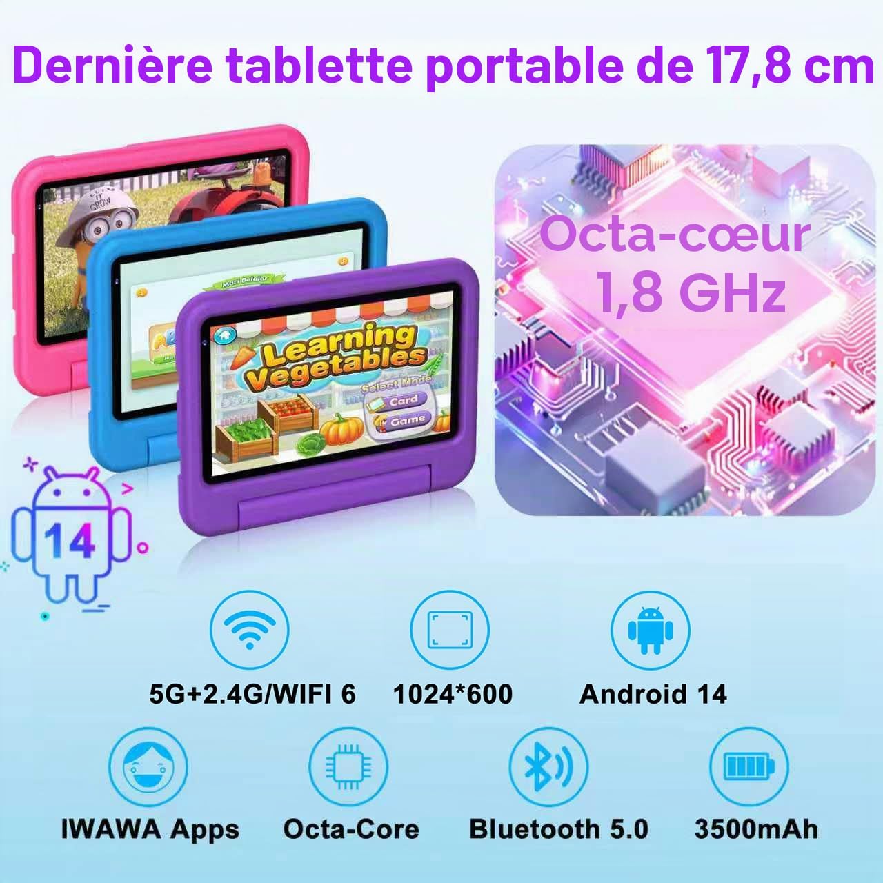 Tablette Enfants 7 Pouces Android AI Tablette avec 10GB RAM+64GB ROM(TF 1TB), Octa-Core|5G+2.4G WiFi 6 | Contrôle Parental | Dual Cameras | Bluetooth 5.0 | iWAWA Tablettes avec EVA Cas-Violet
