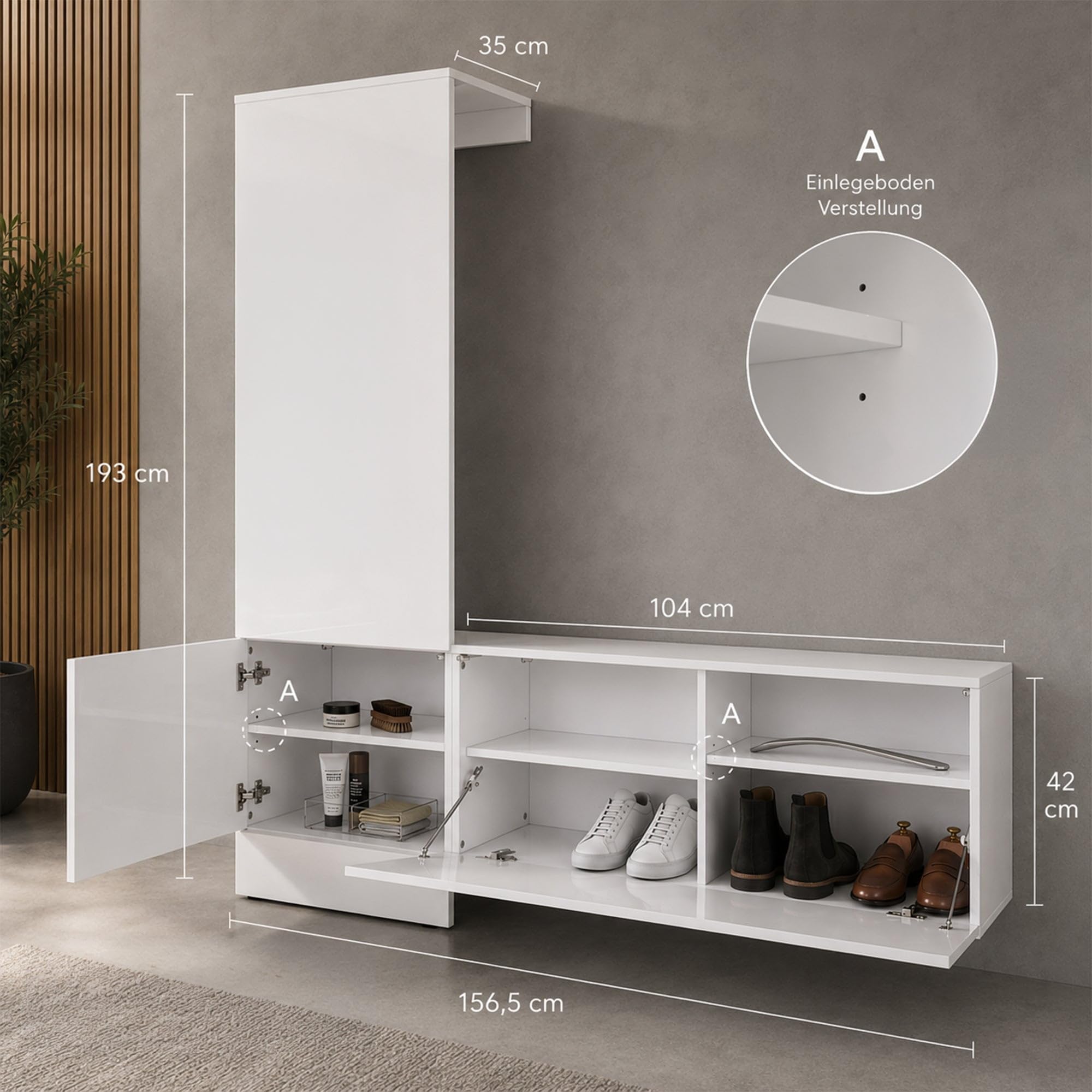 Garderoben-Set Nivo, Minimalistische Flurgarderobe mit Push-to-Open, Made in Germany Eingangsmöbel, Weiß matt (52 x 193 x 35 cm)
