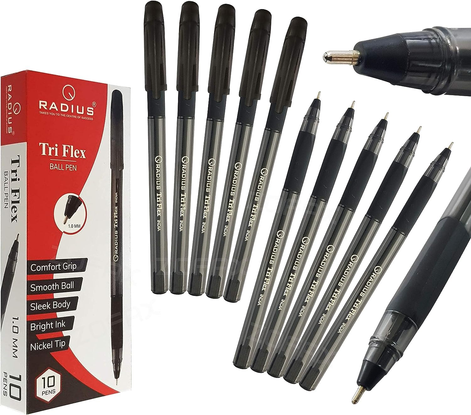 RADIUS Tri Flex Ballpoint Pens, BLACK, 1.0mm Medium Point, Pack of 50, Triangular Comfort Grip, Smooth Ball Pens, Ideal for School Office Home Everyday Use