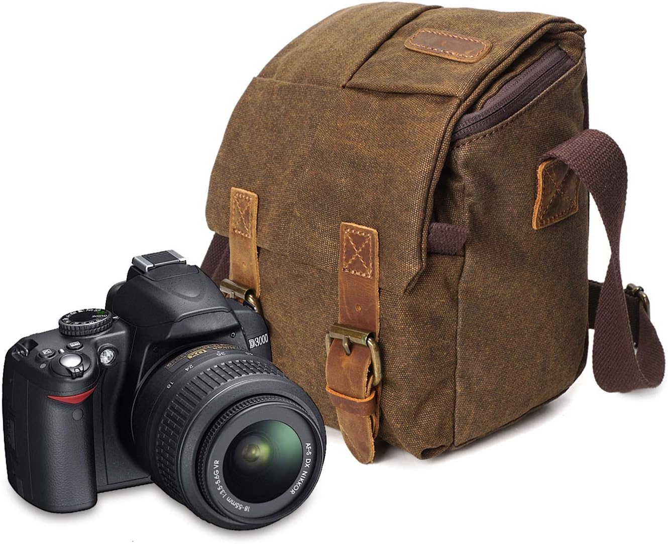 Waterproof Canvas Leather Trim DSLR SLR Shockproof Camera Shoulder Messenger Bag­ (Grey) (Brown)
