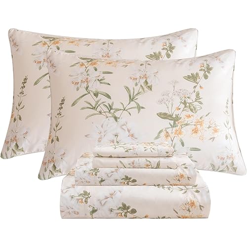 QSH Floral Queen Size Sheet Sets - 100% Egyptian Cotton Sheets Elegant Yellow Green Leaves Pattern Printed Bedding Sheets Queen Size Bed Extra Soft and Breathable 4pcs Deep Pockets Bed Sheets