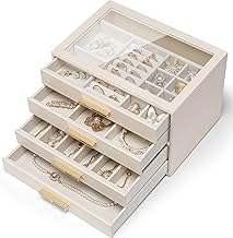 Vlando Glass Lid 4 Drawer Jewelry Box Jewelry Box for Women Necklace Ring Earrings Bracelet Accessories Storage Organizer