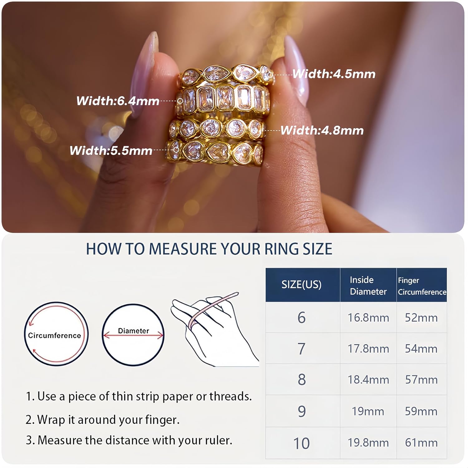 NUZON 4PCS Gold Cubic Zirconia Rings Set for Women Sparkly 14K Gold Plated Stainless Steel Stackable Ring Non-Tarnish Statement/Love/Eternity/Promise Band Jewelry for Engagement Wedding Finger 6-10 - Image 5
