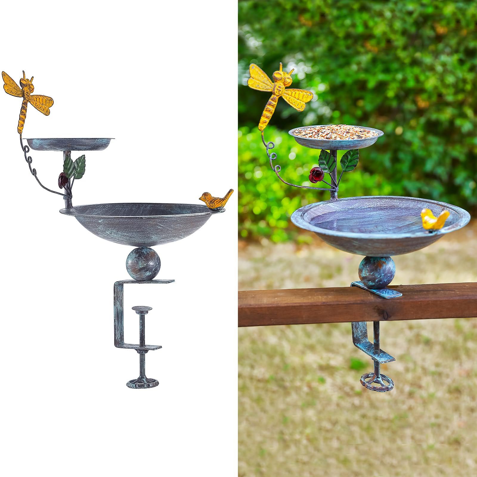 Deck Mounted Bird Bath and Feeder, Balcony Metal Birdbaths for Outdoors Adjustable, Antique Heavy Duty Clamp for Garden Decor Yard