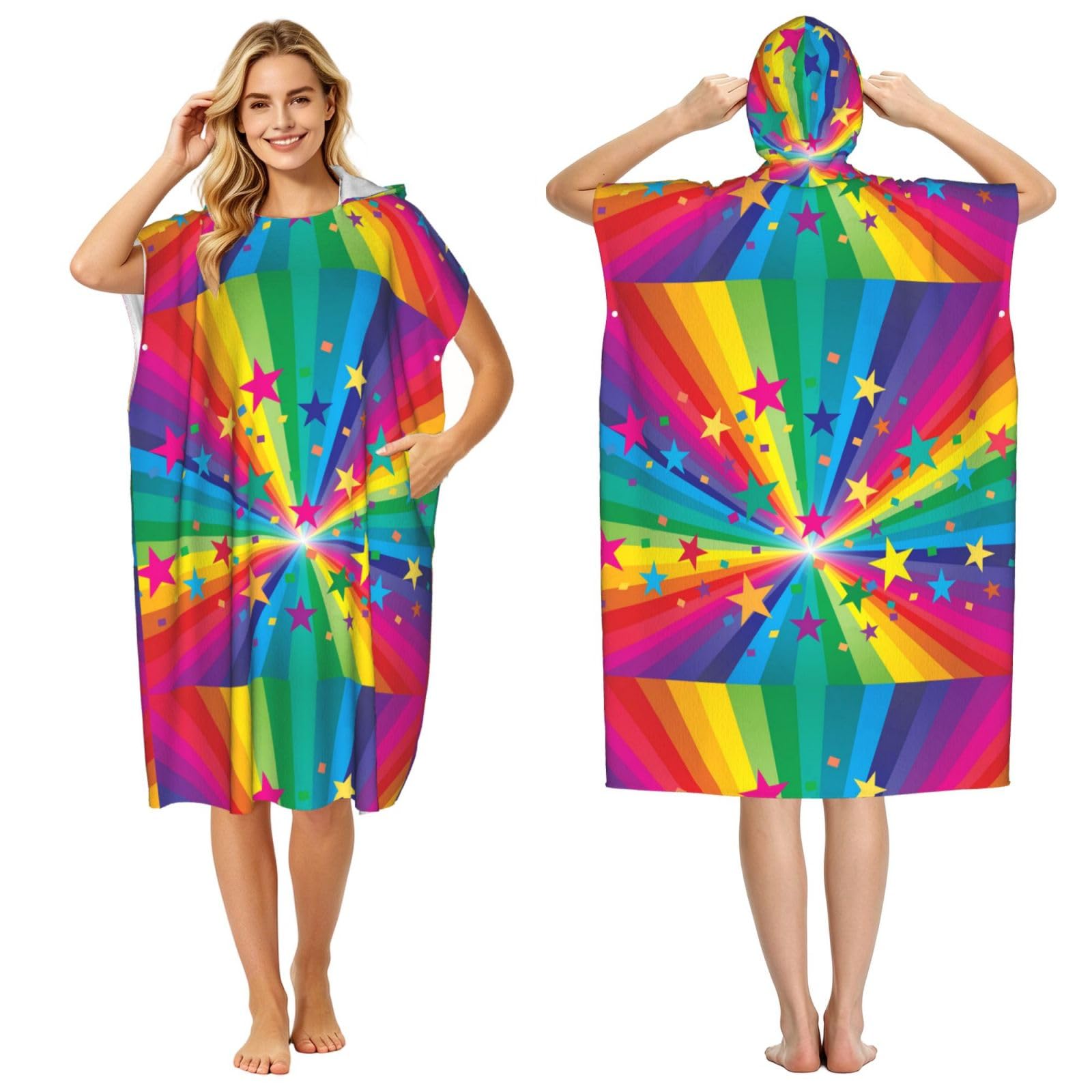Poadnly Rainbow And Stars Confetti Rays, Adult Hooded Beach Towel 90 x 110 cm,Changing Bath Robe, Surf Poncho Towel For Women Men