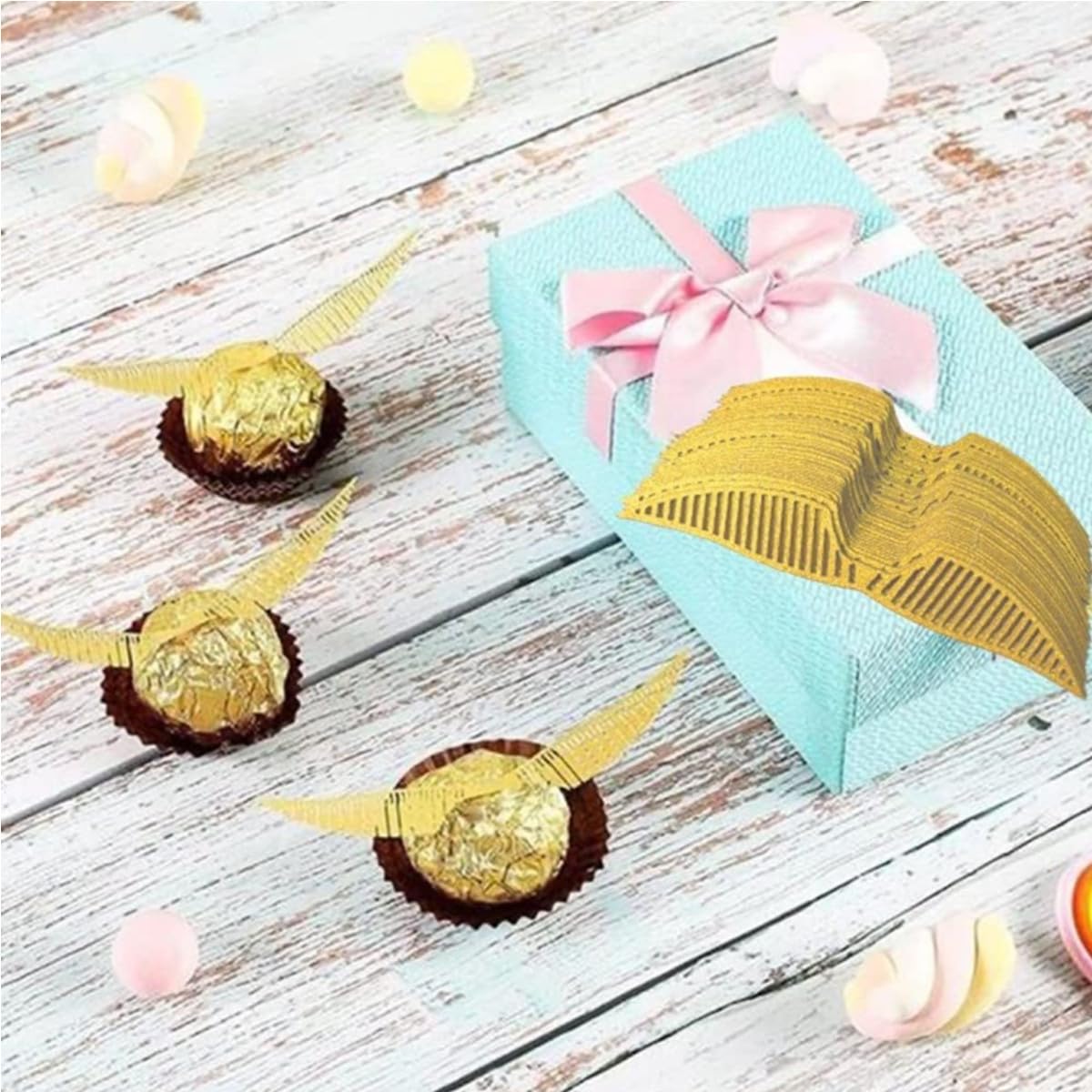100 Decorazioni Per Torte E Cupcake A Forma Di Ali Glitterate Oro, Con Punti Di Colla, Per Feste Di Compleanno E Magia, Cartone Ecologico 10 Cm