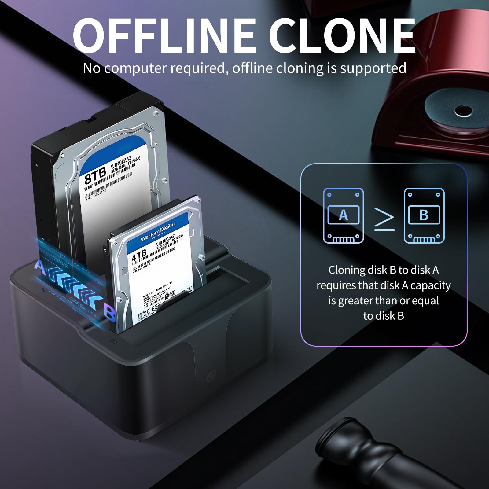 Docking station per dischi rigidi Dual Bay USB 3.0 in alluminio HDD SSD Dock con clonazione offline per SATA I/II/III, UASP 6Gbps, lettore di schede SD/TF, supporta 2x16TB di memoria
