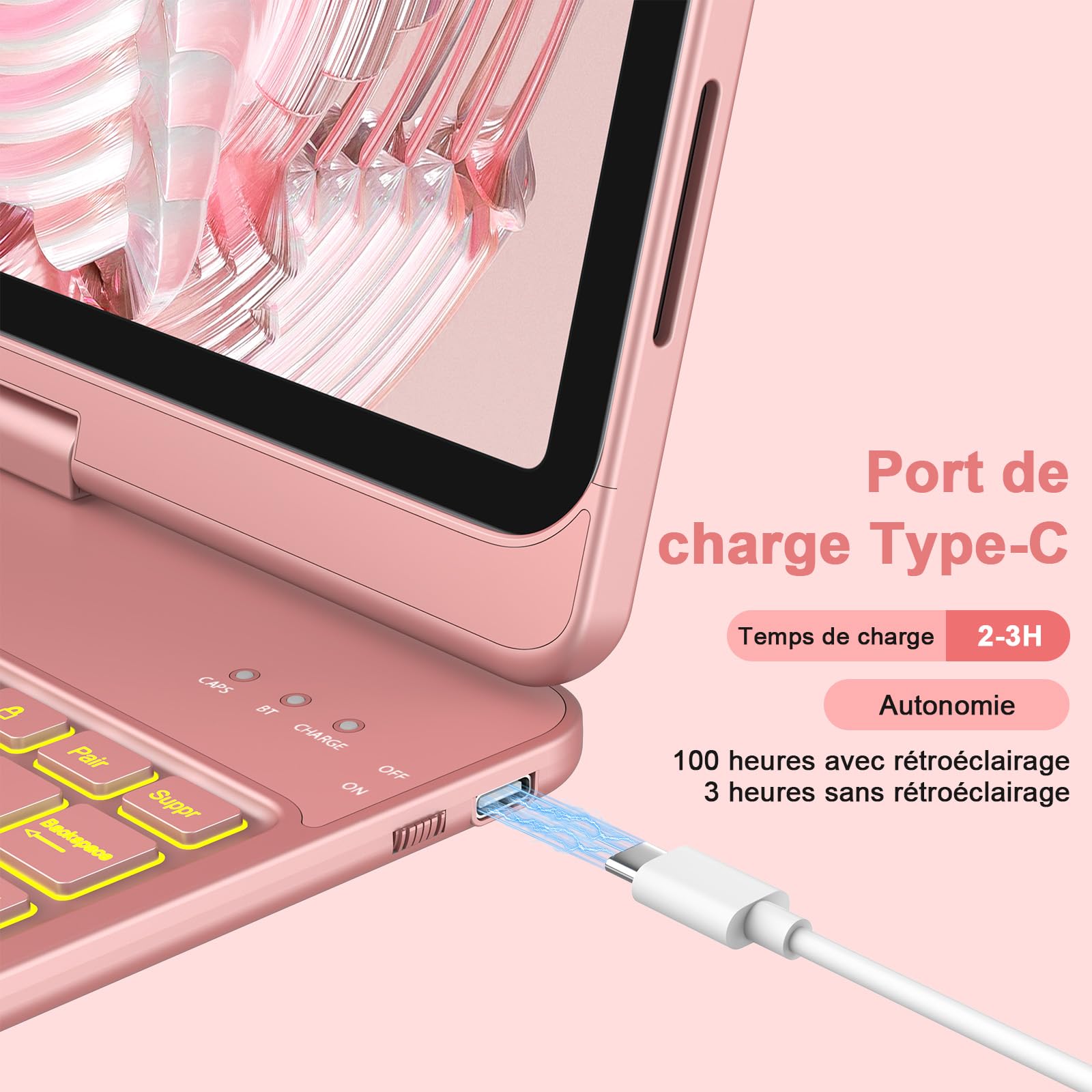 KBCASE Clavier pour iPad A16 11/10 Ème Generation avec Pavé Tactile (11 Pouces 2025/10.9 Pouces 2022), 360° Rotatif, 7 Couleurs Rétroéclairées avec Porte Crayon, AZERTY pour iPad 10eme/11eme, Or Rose